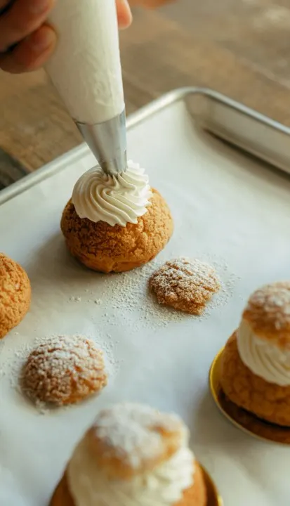Piping cream onto choux pastry