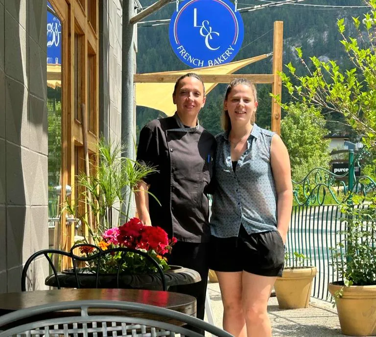 Lisa Lopez and Cyrielle Lagadec, founders of L&C French Bakery, standing outside their Nelson bakery